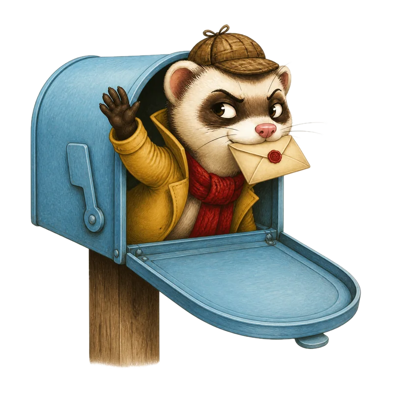 Ferris popping out of a blue mailbox with an envelope in his teeth, waving.